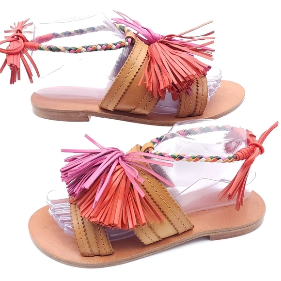 NWT Antik Batik Johnny Was Youri Boho Tassel Tan Leather Flat Sandal 37 7 US - Picture 1 of 14